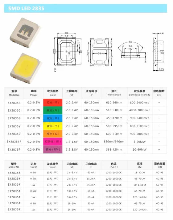 diodes led smd 2835 blanc froid chaud jaune rose violet bleu vert orange rouge