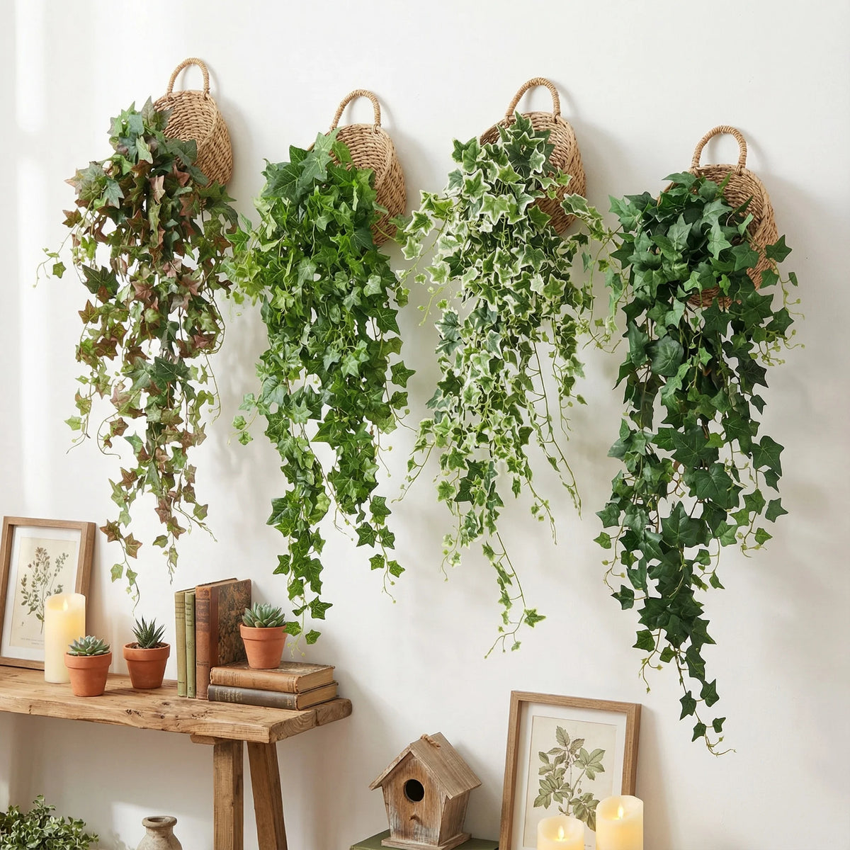 guirlande artificielle vigne feuilles vertes tiges grises automne décorative rustique intérieur accrochée clips