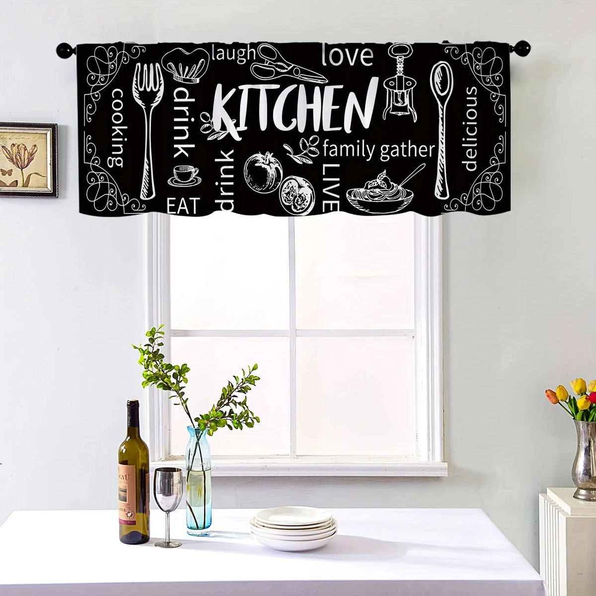 rideau cuisine noir blanc motifs ustensiles vintage semi transparent salon
