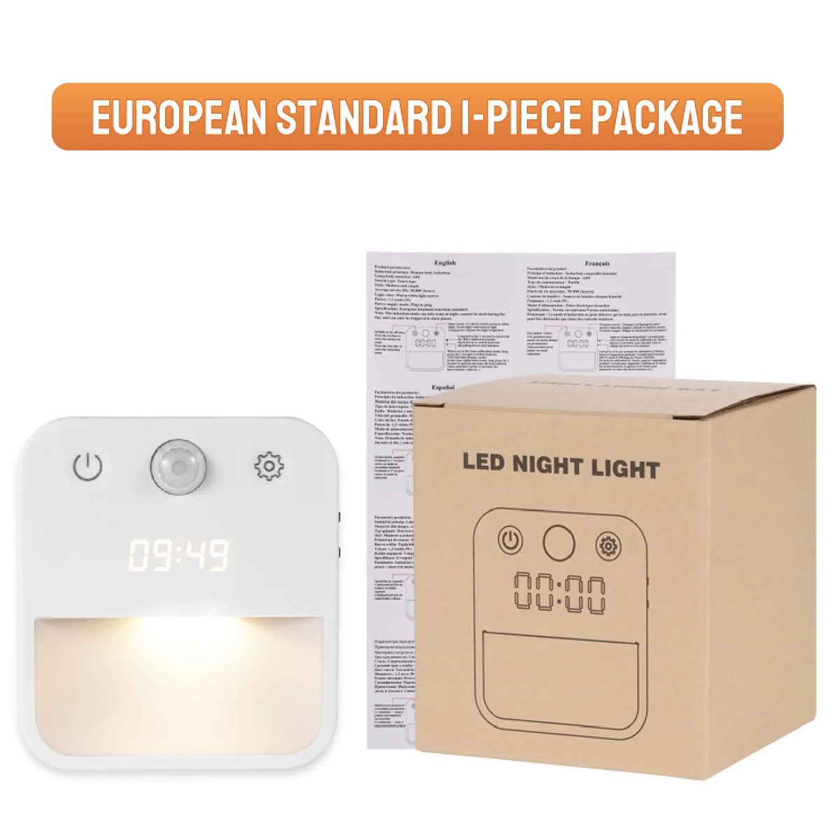 veilleuse horloge nuit led blanc moderne adhésif interrupteur tactile réglage mouvement auto