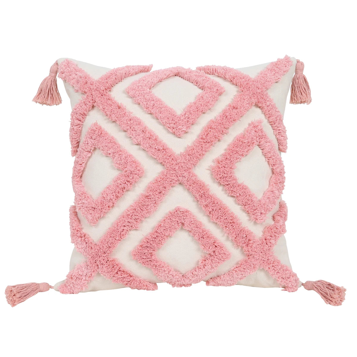 taie d'oreiller carrée brodée cœur géométrique 100% polyester blanc rose décoration maison boho chic