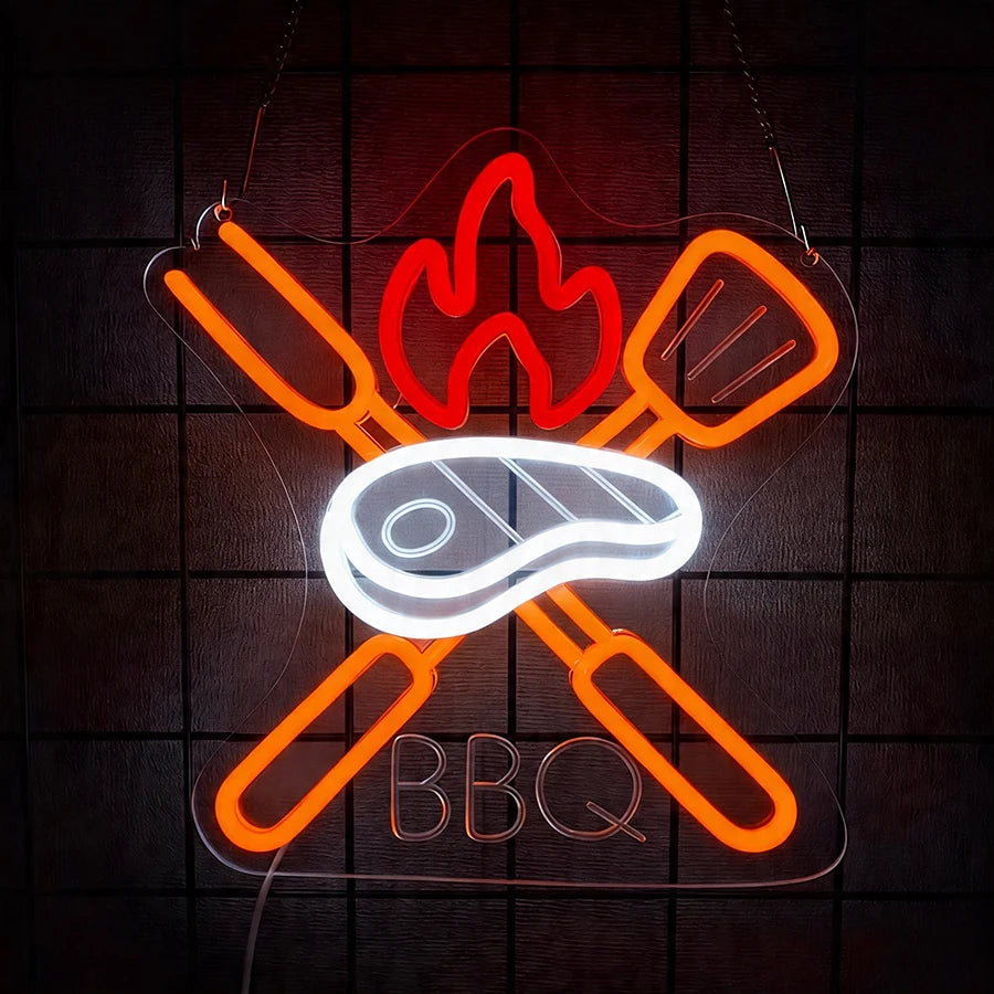 néon lumineux barbecue steak fourchette couteau flamme porc kebab rouge blanc moderne fixations murales