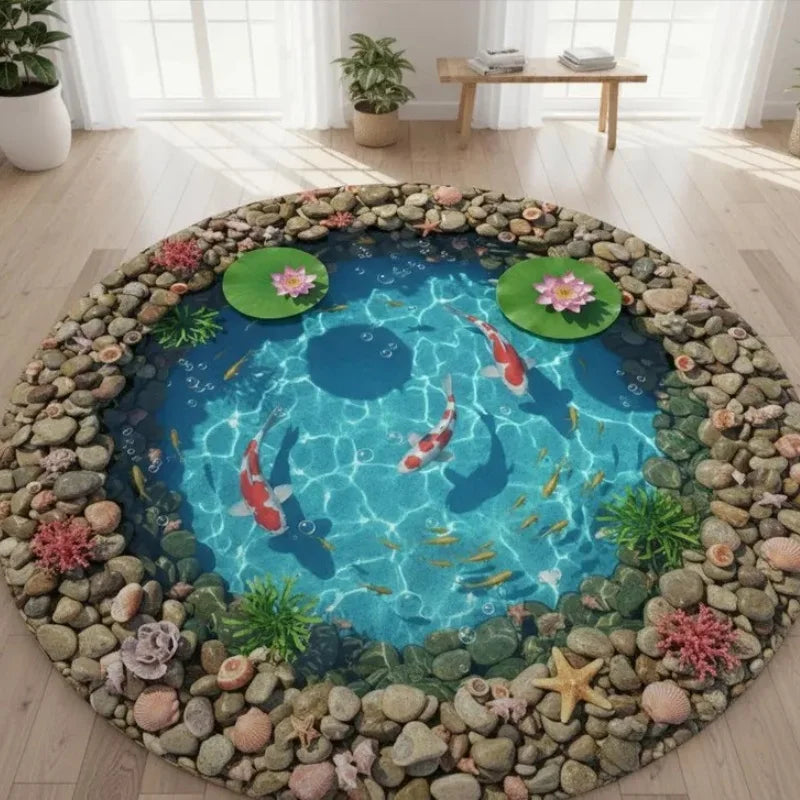 tapis rond moderne poissons carpes lotus géométrique adhésif salon chambre bleu vert