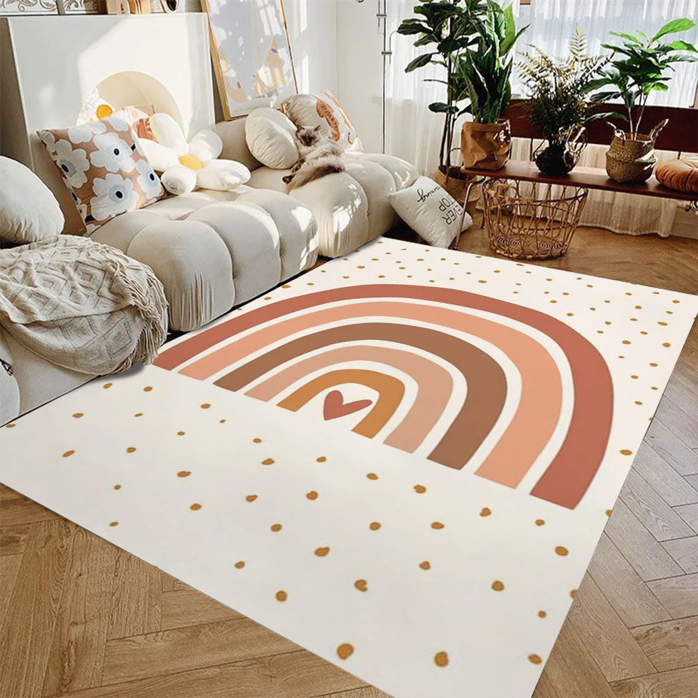 tapis sol moderne motif arc ciel beige rose doré chambre maison décoratif lavable