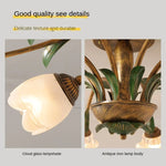 lampe vintage fleurs verre feuilles métal doré vert salon chambre