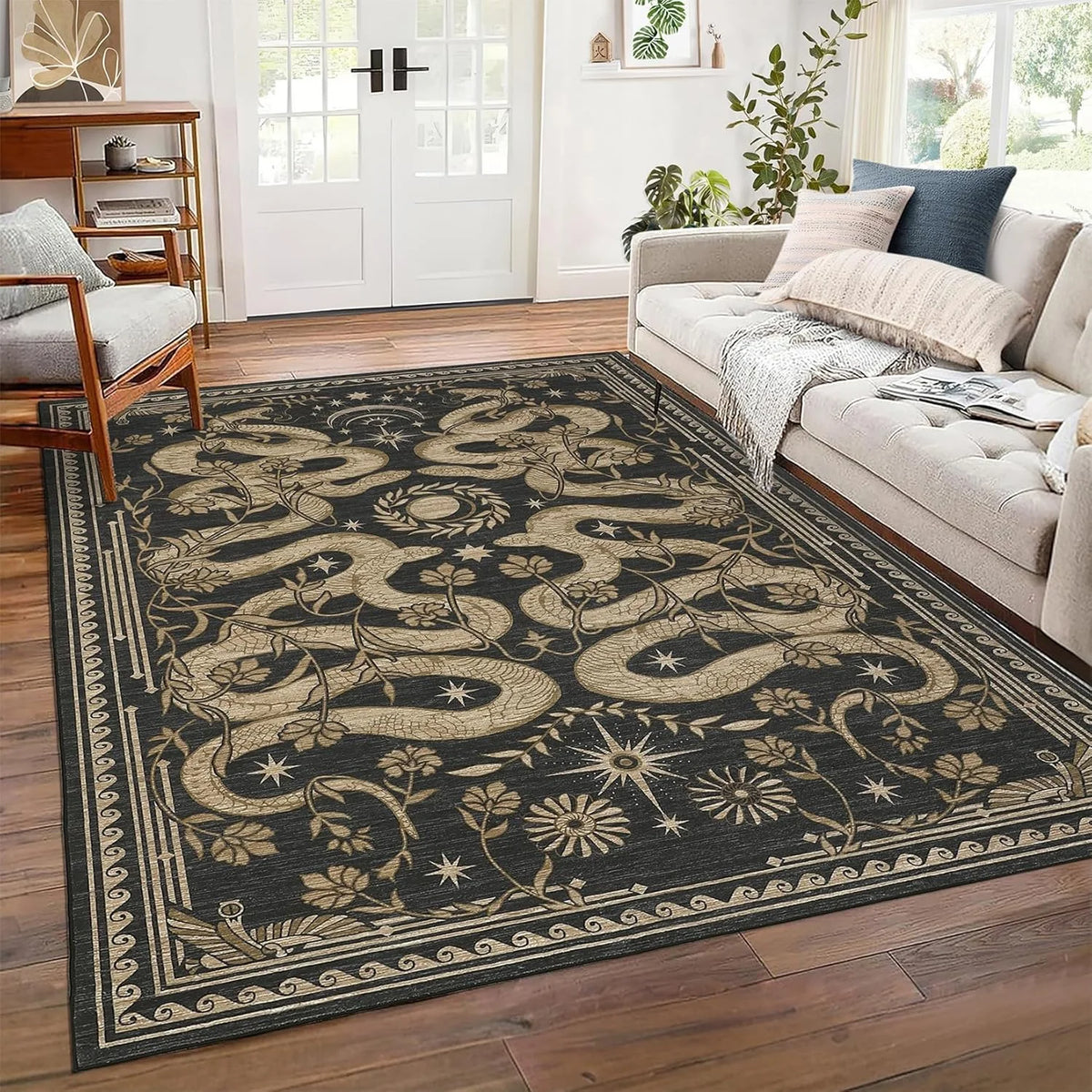 tapis noir serpent stylisé polypropylène polyester lavable moderne chambre salonextérieur