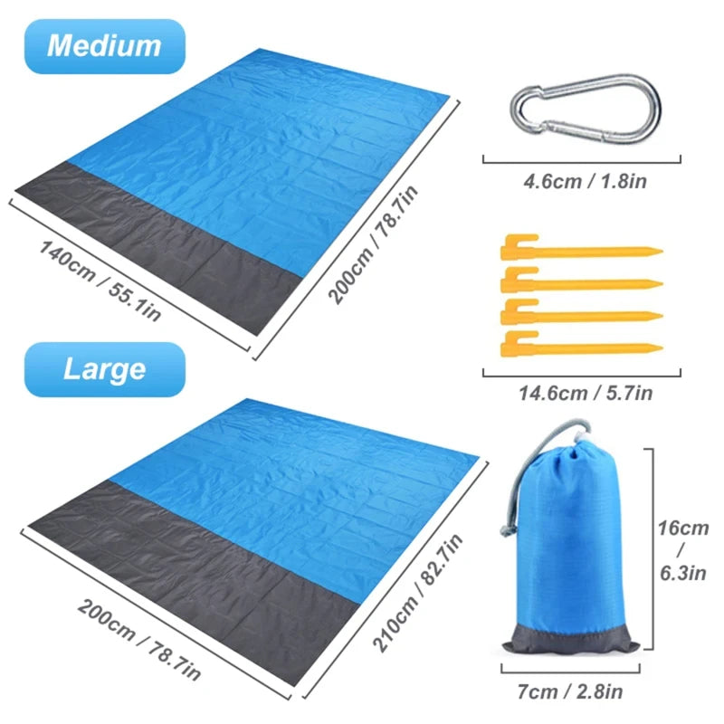 tapis plage imperméable bleu moderne sac rangement clous carabiner camping