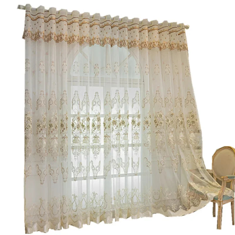 rideau floral transparent polyester broderies classique maison hotelpaque blanc doré 100x250cm