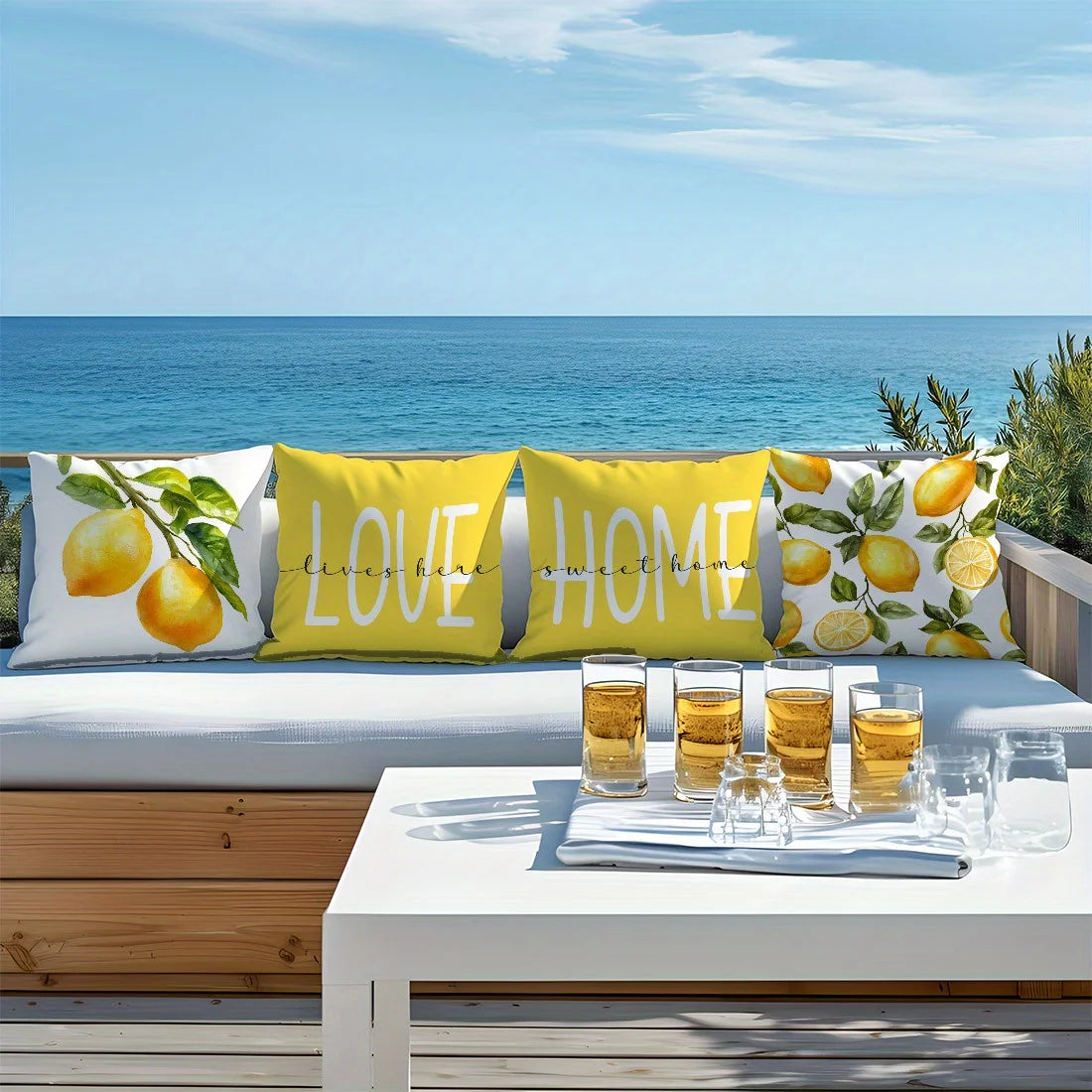 housses coussin citron blanc feuilles vertes moderne 45x45cm zip invisible polyester
