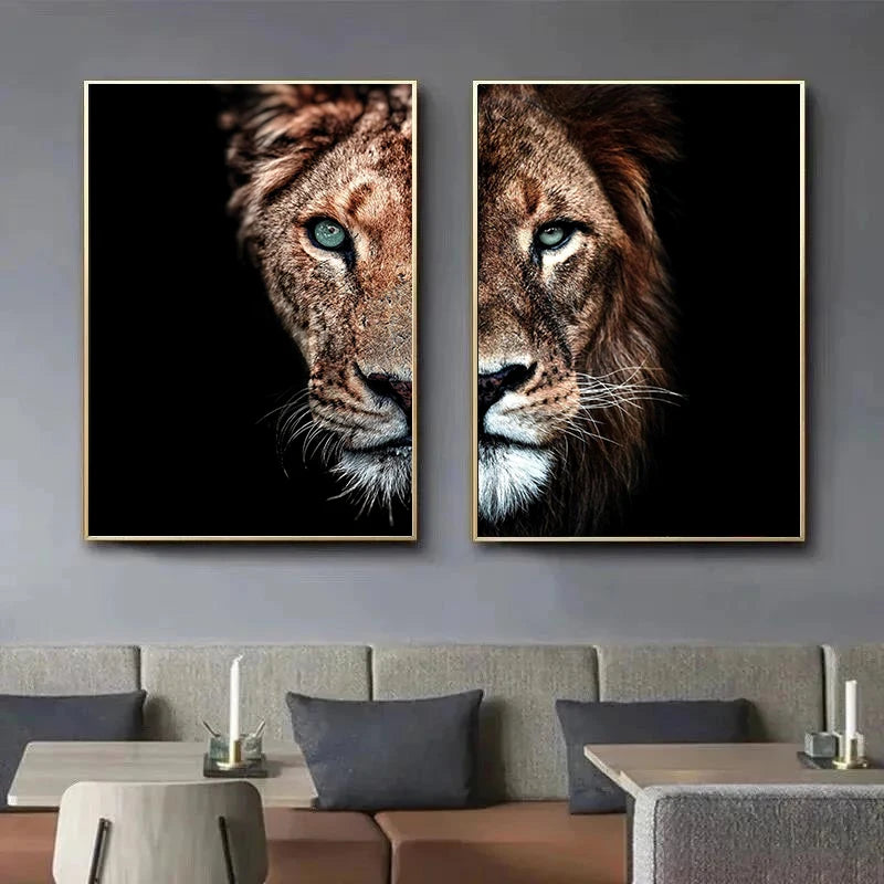 affiche portrait lion réaliste cadre doré décoration murale salon moderne toile marron