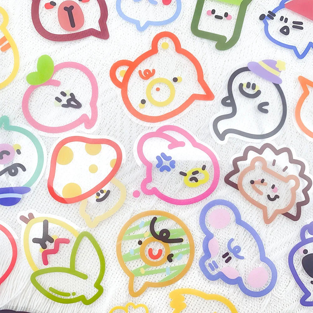autocollants multicolores dessins animés sourires formes géométriques cartoon adhésif 50 pièces étiquettes transparentes amusantes