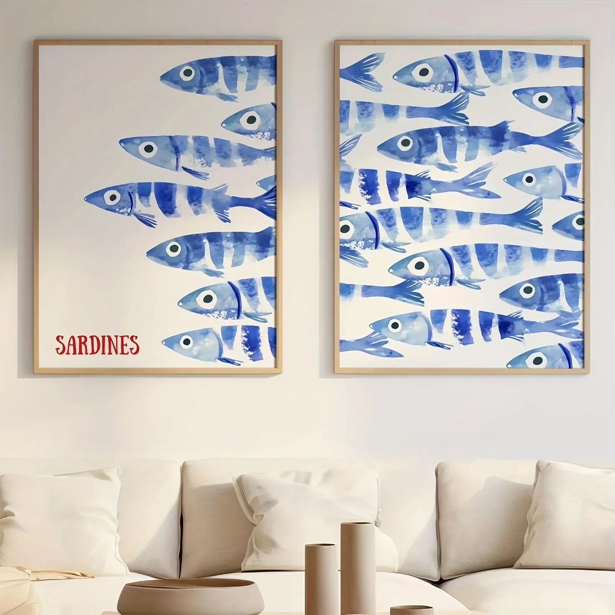 peinture toile poissons stylisés bleu moderne décoration salon animal compagnie