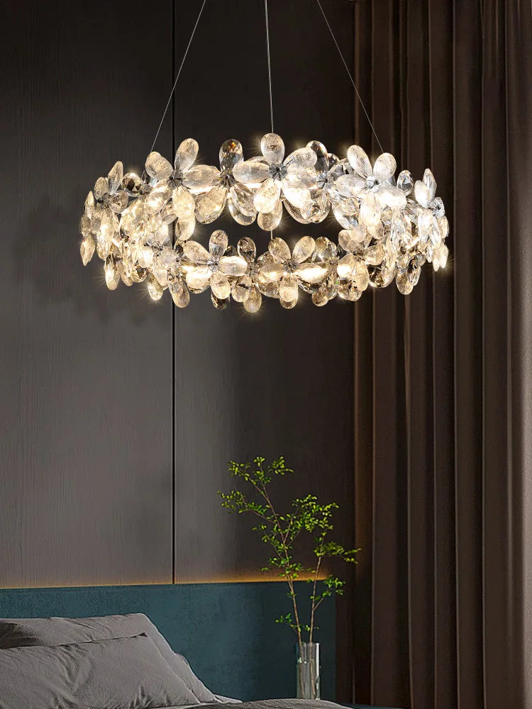 Suspension lumineuse moderne transparente argentée fleurs cristal 3000k 6000k chambre salon