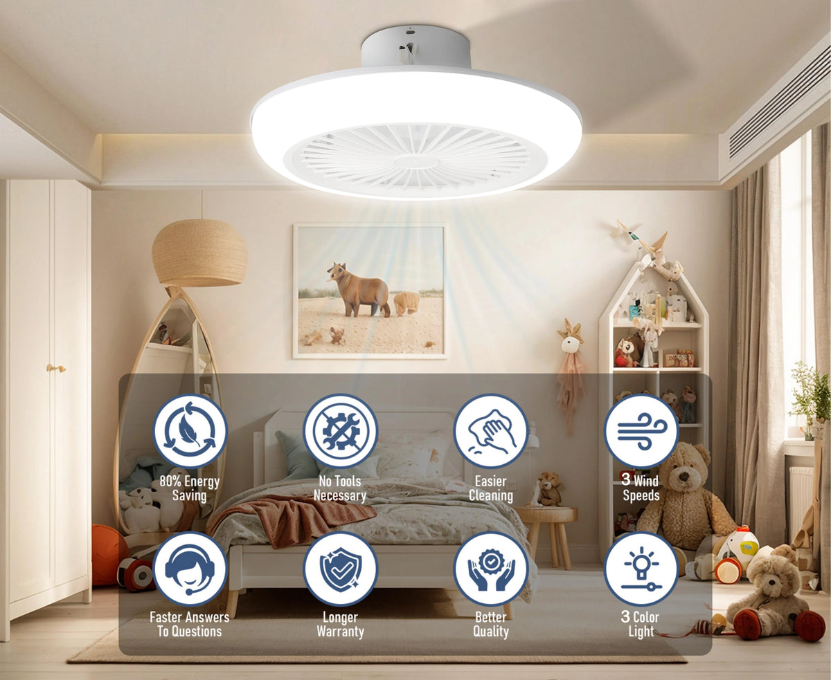 ventilateur led éclairage blanc moderne télécommande gradation couleurs timer contemporain