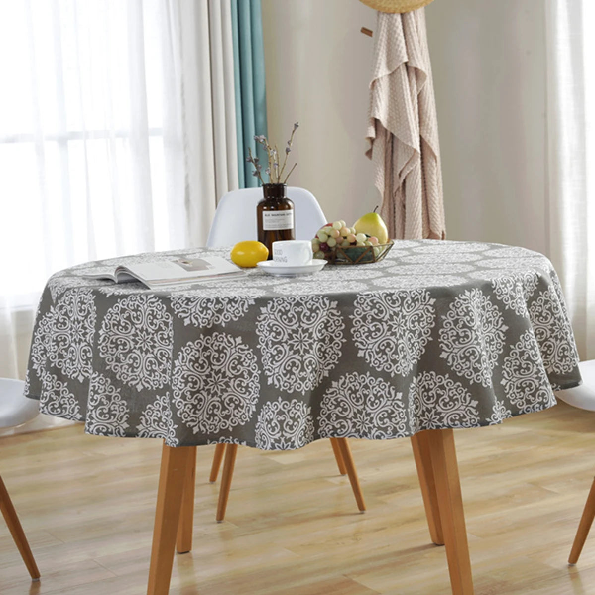 nappe ronde lin géométrique jaune blanc moderne table dîner mariage fête