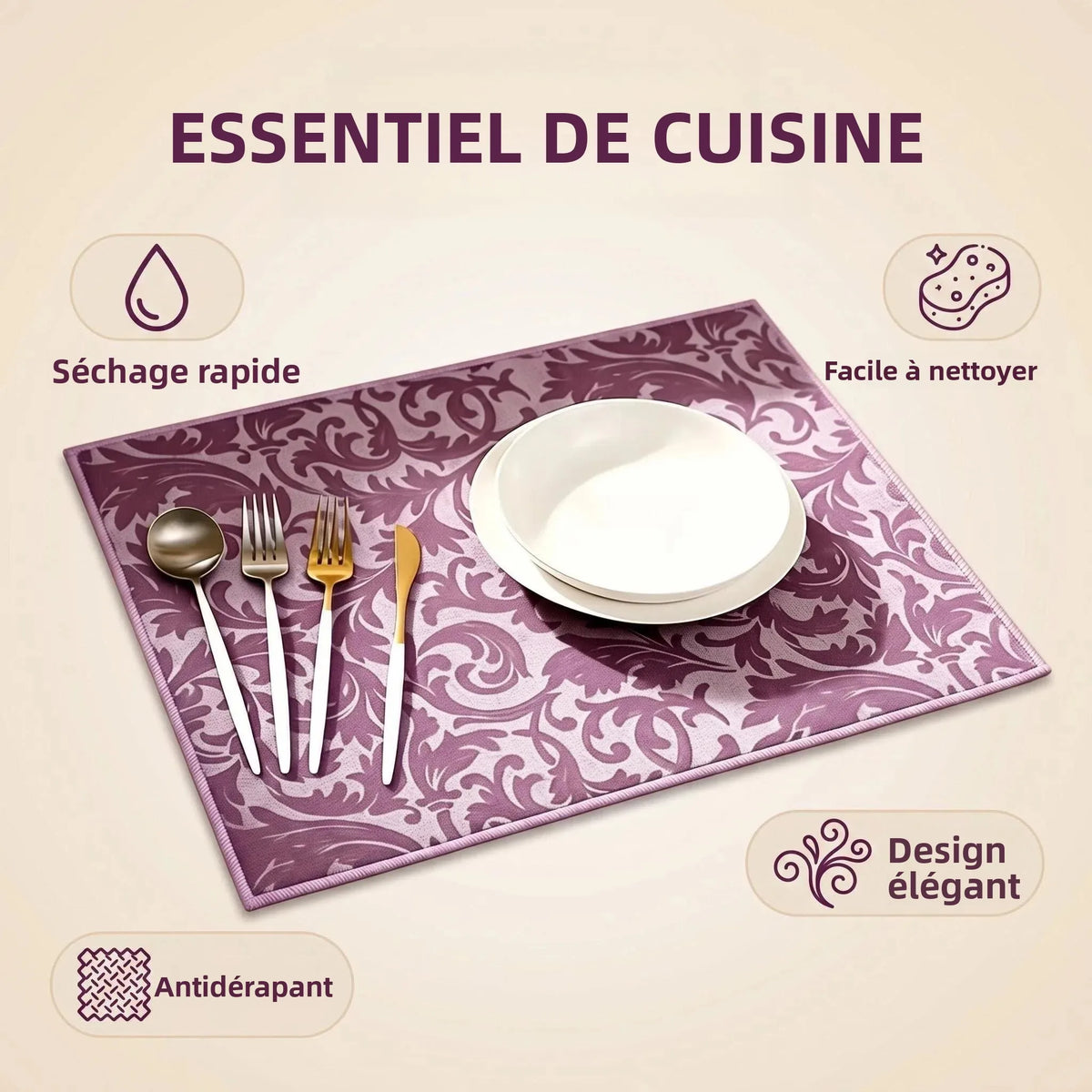 tapis cuisine violet floral moderne adhésif absorbant anti dérapant poly