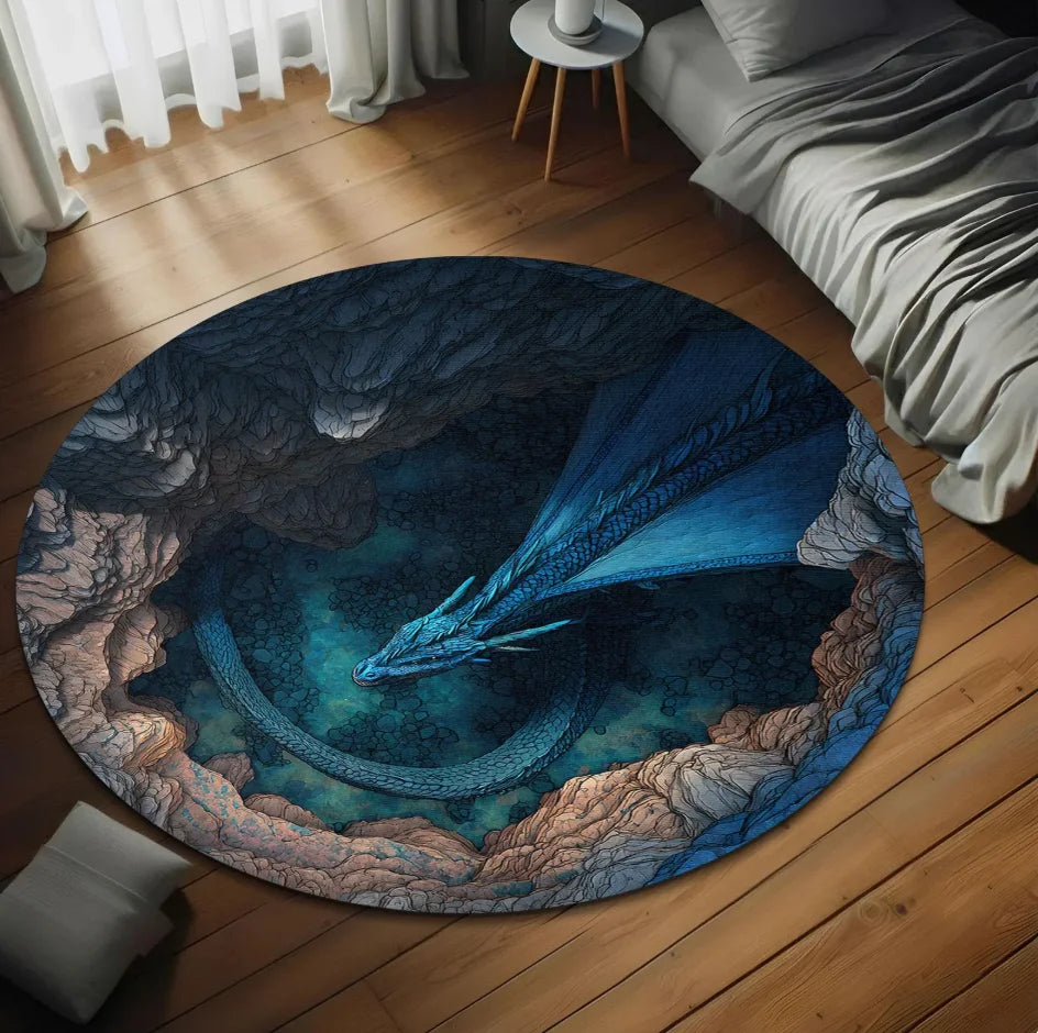 tapis rond dragon or floral moderne polypropylène noir gris bleu doré vertextérieur salon chambre