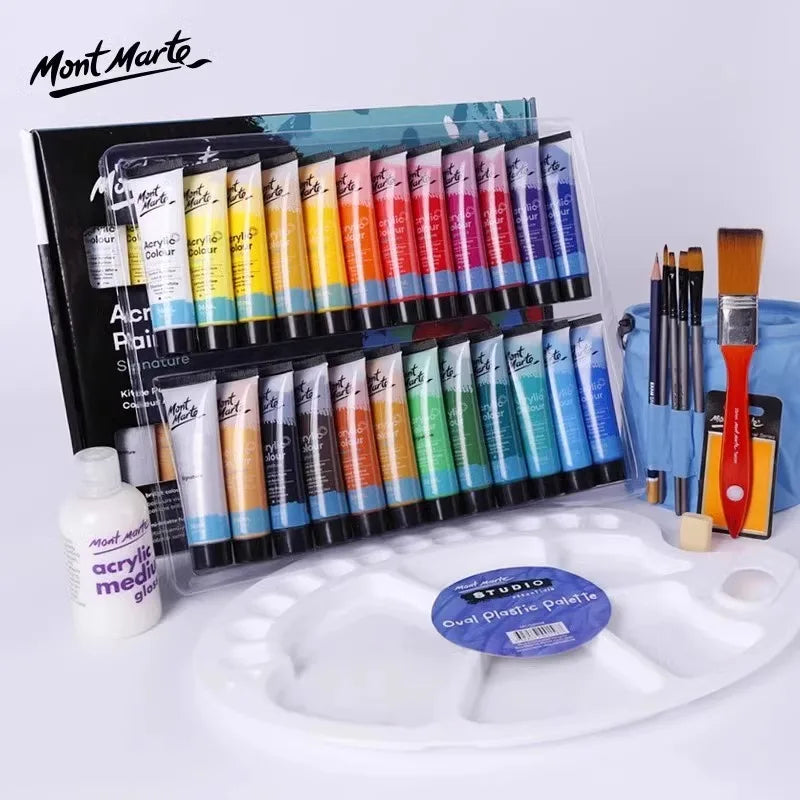 Peinture acrylique kit 24 couleurs palette pinceaux medium auto apprentissage pratique