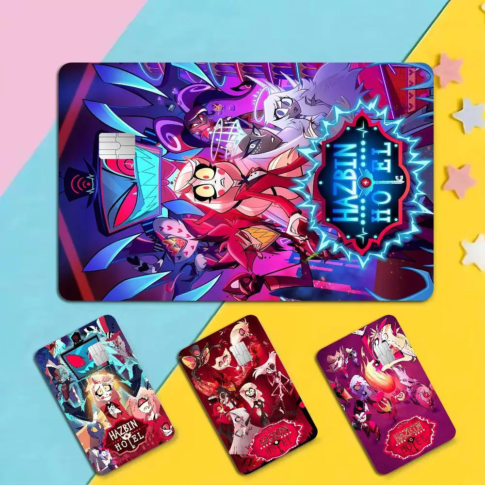 autocollant carte bancaire hazbin personnages dessin animé bleu violet rouge pop art