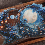 sticker mural paysage nocturne lune arbres fleurs transparent adhésif bleu blanc orange vert