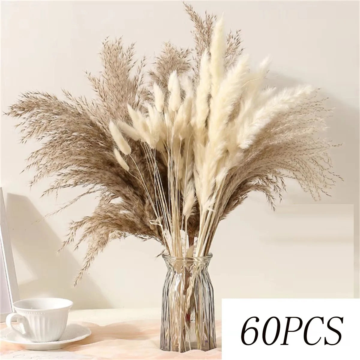 bouquet fleurs séchées plumes pampa beige blanc naturel rustique décoration intérieur mariage anniversaire fête