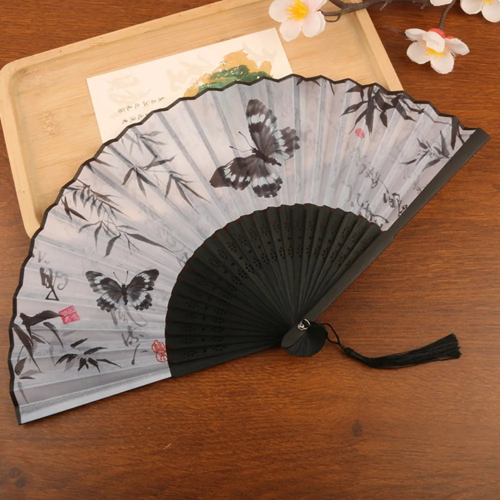 éventail pliant traditionnel papillons bambou fleurs tassel noir blanc gris
