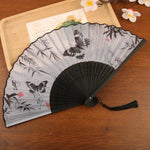 éventail pliant traditionnel papillons bambou fleurs tassel noir blanc gris