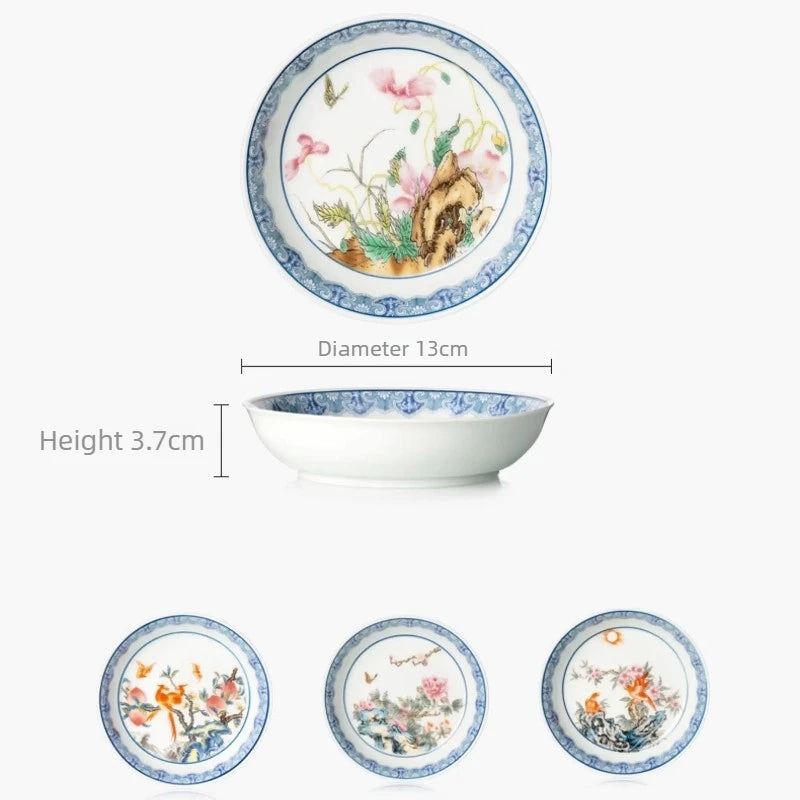 service thé traditionnel céramique émaillée fleurs papillons artisanal blanc bleu vert rose brun
