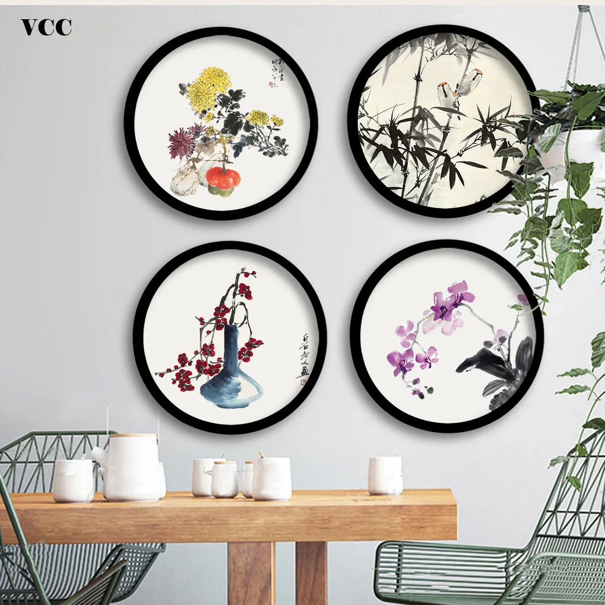 cadres photo ronds bois moderne décor murale motifs floraux animaux noir blanc verte
