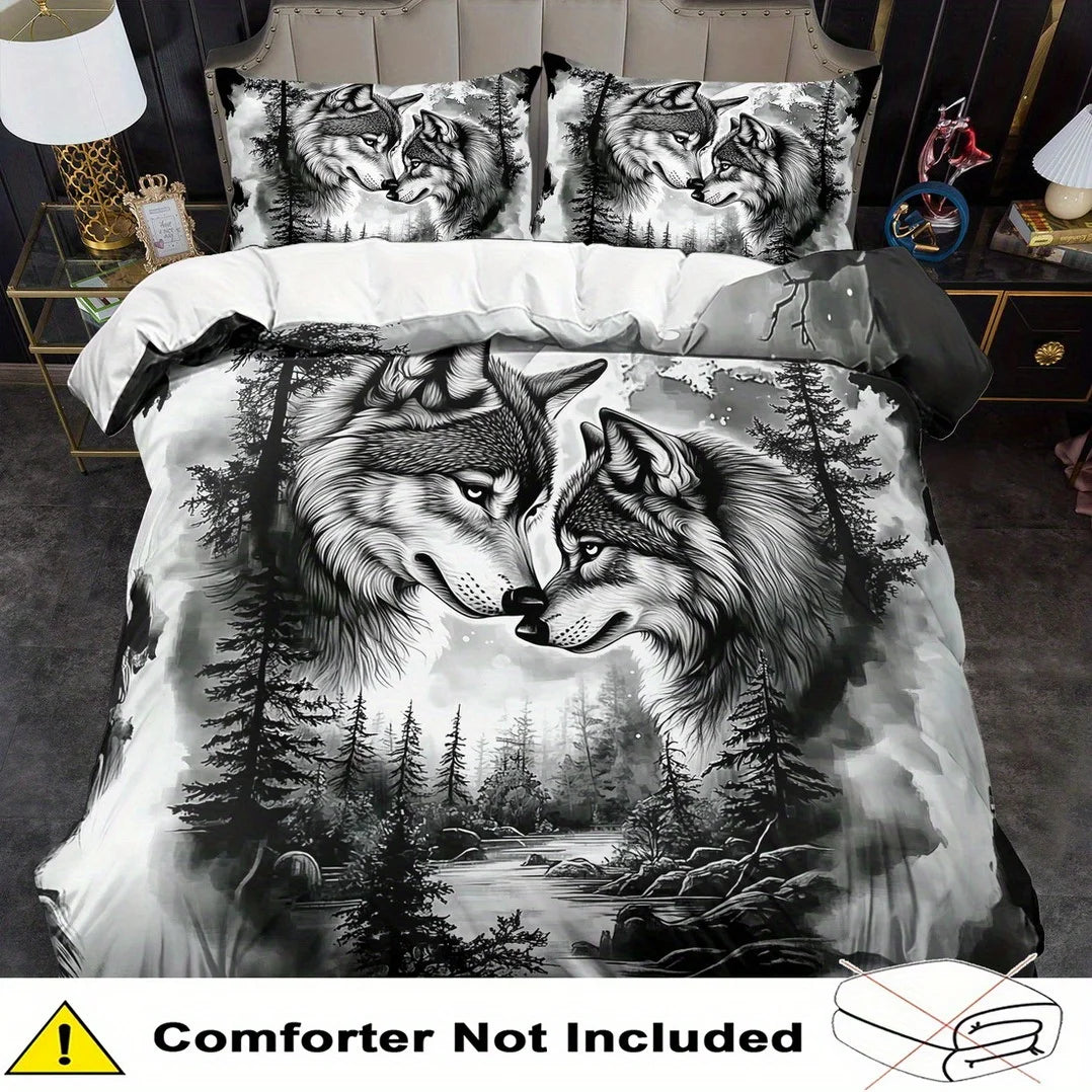 Housse de couette noire et blanche avec motif de loups jumeaux sur lit