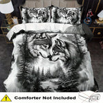 Housse de couette noire et blanche avec motif de loups jumeaux sur lit