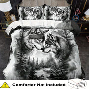 Housse de couette noire et blanche avec motif loups jumeaux, 3 pièces pour chambre d'ado