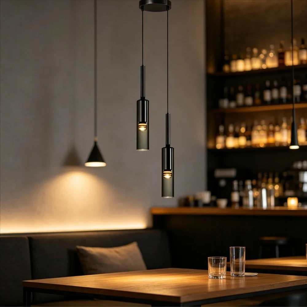 suspension lumineuse moderne minimaliste noir argenté transparent cylindrique ajustable 150cm 42cm