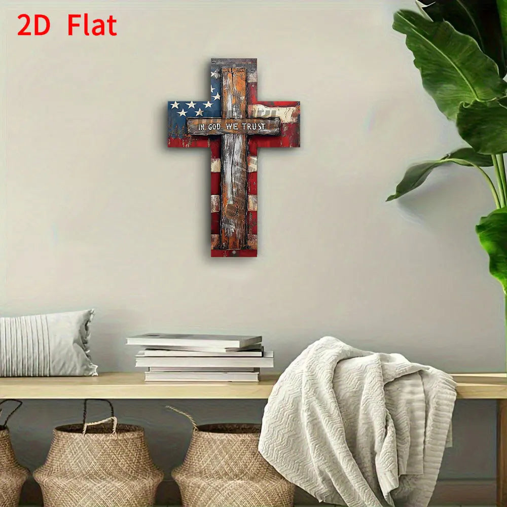croix murale vintage drapeau américain rouge blanc bleu nous croyons dieu opacité rustique