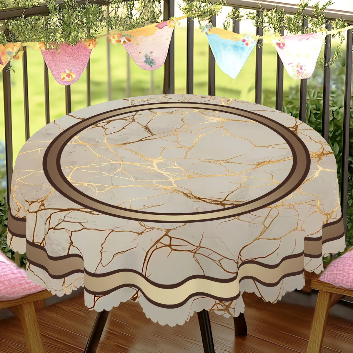 nappe table marbre doré classique imperméable extérieur mariage pâques beige marron veines scallops