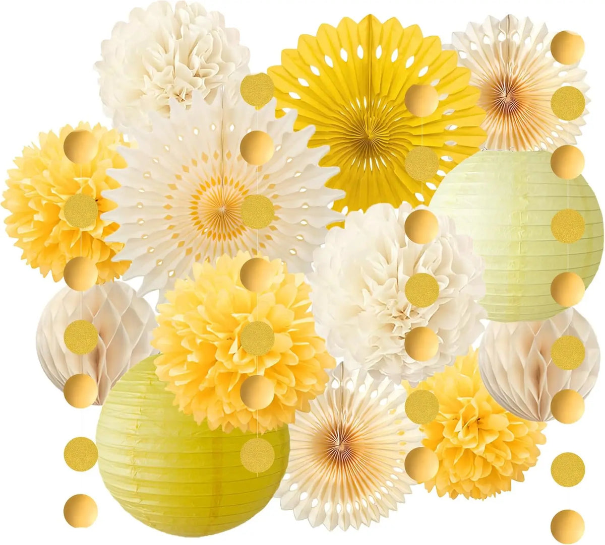 décorations fête papier jaune crème fanions pompons lanternes fleurs joyeuses enfantines