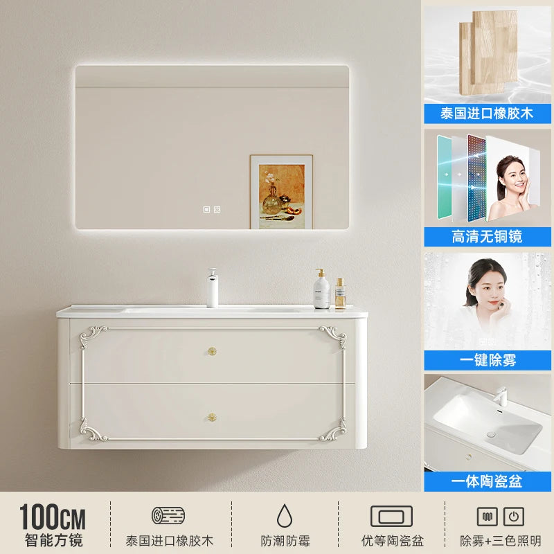 meuble salle bain noir blanc tiroirs vasque ornements dorés classique fixations murales accessoires cosmétiques