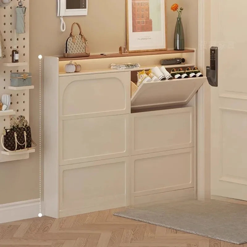 meuble chaussures moderne compartiments étagère beige clair panneaux mdf rangement minimaliste entrée