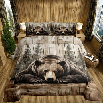 housse couette ours brun taie oreiller motif bois naturel rustique marron beige gris blanc