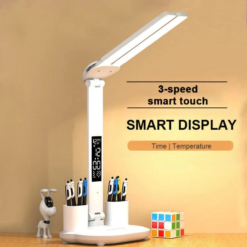 lampe moderne blanc multifonctionnelle affichage numérique ventilateur intégré deux porte stylos interrupteur tactile