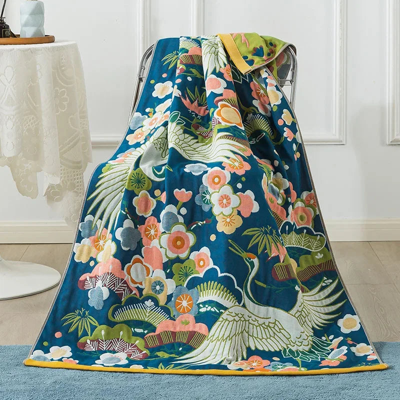 couverture bain coton fleur bleue jaune rapide absorbante machine ethnique traditionnelle