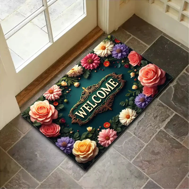 tapis d'entrée intérieur extérieur motif fleurs welcome texte doré classique décoration maison polyester