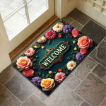 tapis d'entrée intérieur extérieur motif fleurs welcome texte doré classique décoration maison polyester