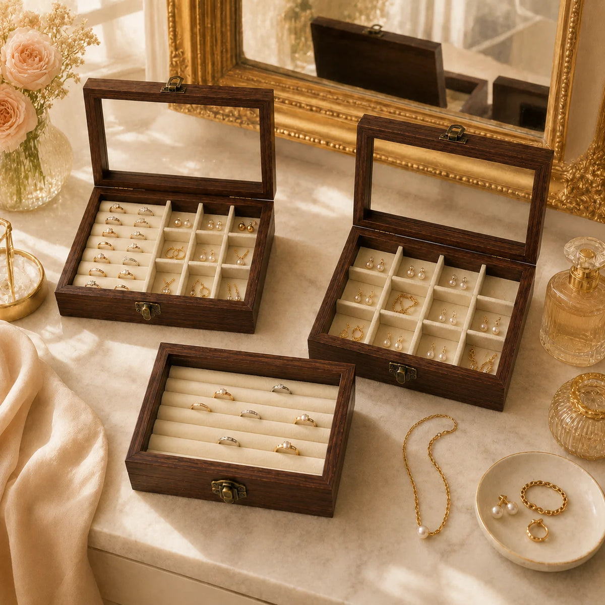boîte rangement bijoux velours bois blanc verre transparent classique élégante cadenas vintage protection sophistiquéeintérieur