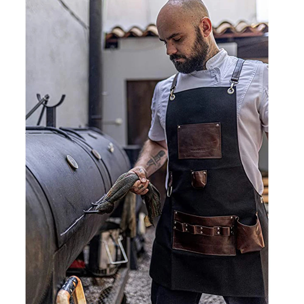 Tablier de cuisine pour homme détaillant les accents en cuir