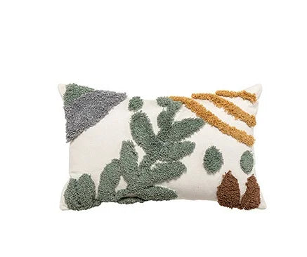 housse coussin décoratif feuilles brodées polyester coton blanc vert marron gris 30x50cm 45x45cm salon