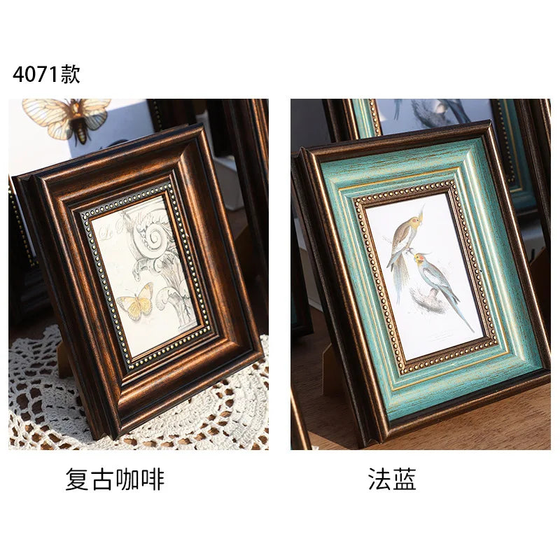 Cadre photo classique vintage brun foncé bleu clair insecte oiseau résine 10 pouces A4