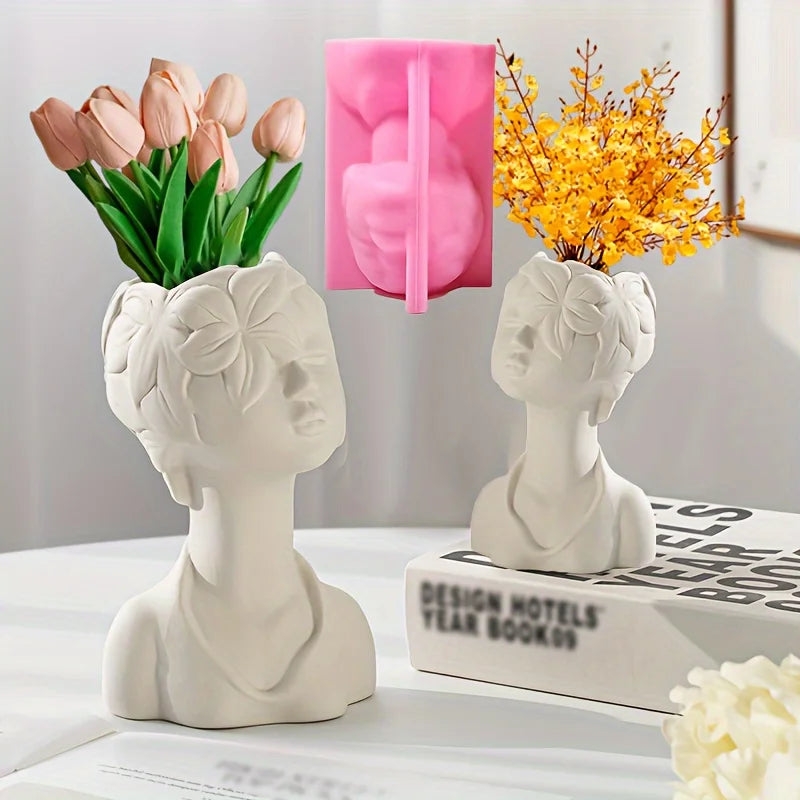 vase silicone forme buste humain blanc rose marron visage stylisé moderne