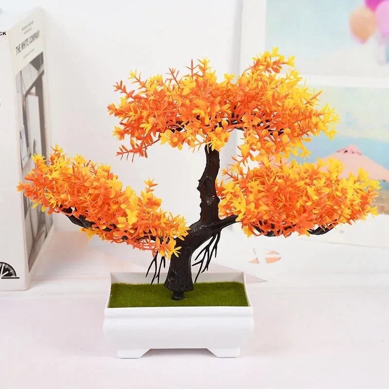 bonsaï artificiel vert rose violet orange feuilles fines tronc épais pot blanc mousse verteextérieur