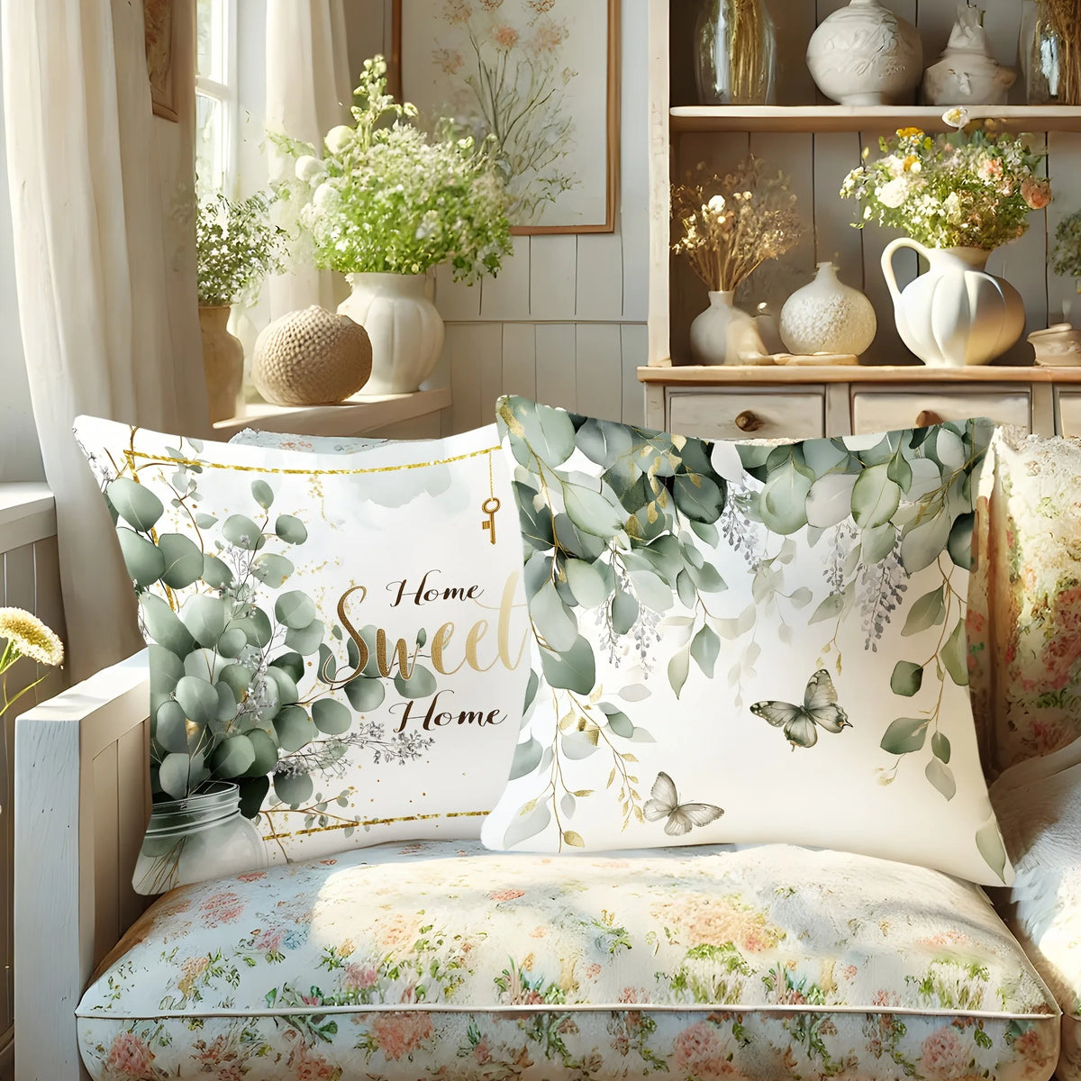 coussin blanc feuilles eucalyptus papillons texte sweet love hope zipper 45x45cm